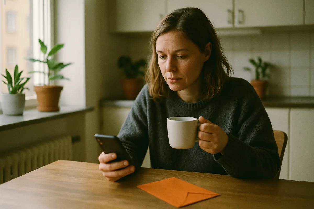 Kvinna vid köksbordet med telefon och kaffe, ett orange kuvert på bordet.