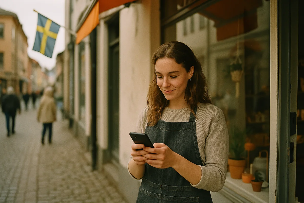 Butiksägare utanför sin butik som tittar på telefonen.