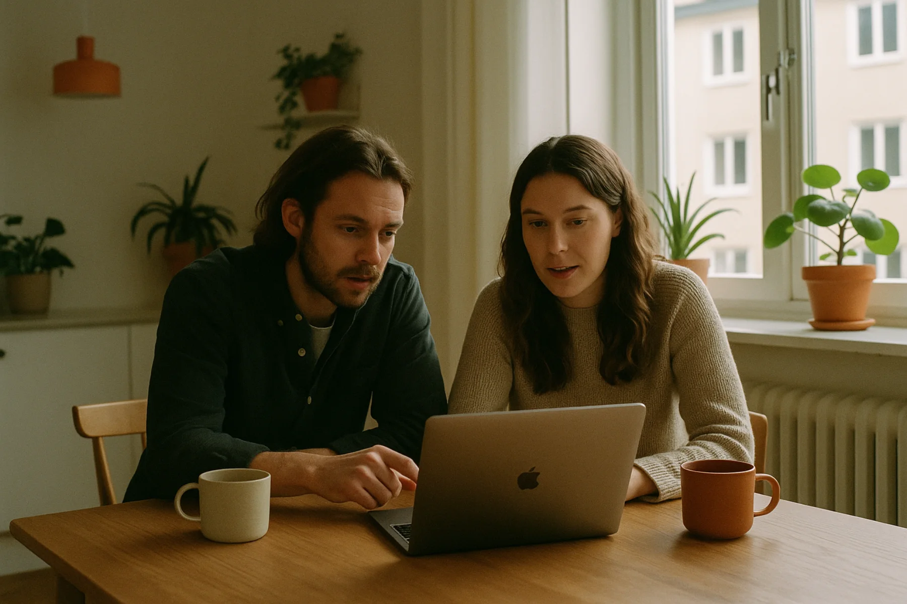 Två personer pratar över en laptop vid köksbordet.