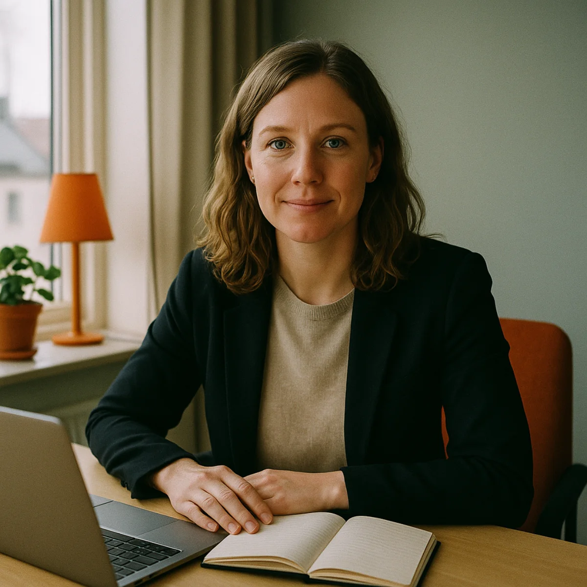 Företagare som sitter lugnt vid sitt skrivbord.